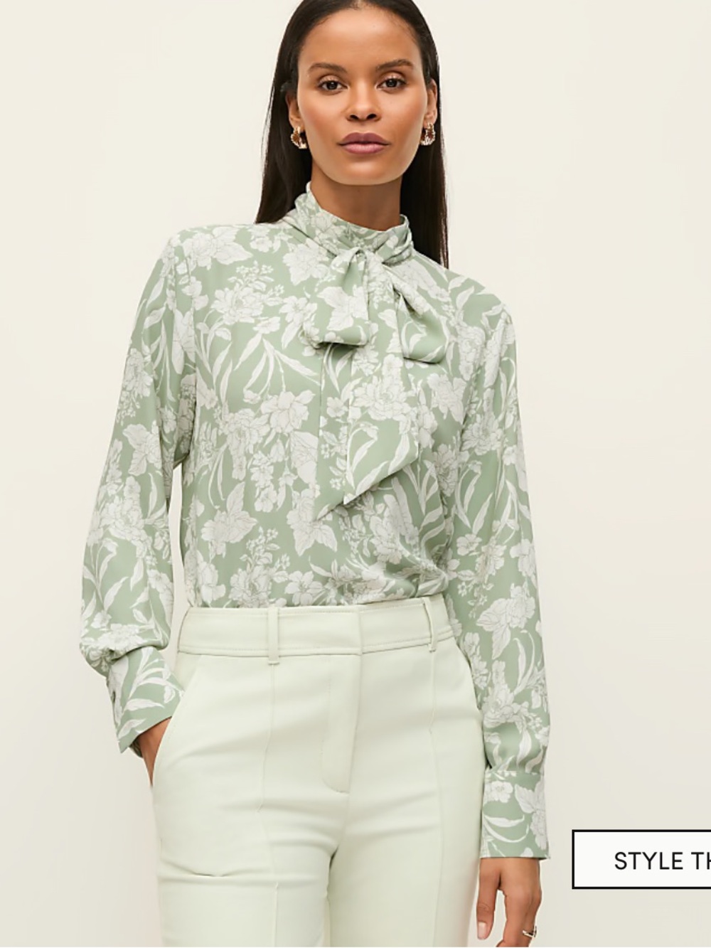 Ann Taylor Sage Green and White and mint green Floral Tie-Neck Blouse- small
